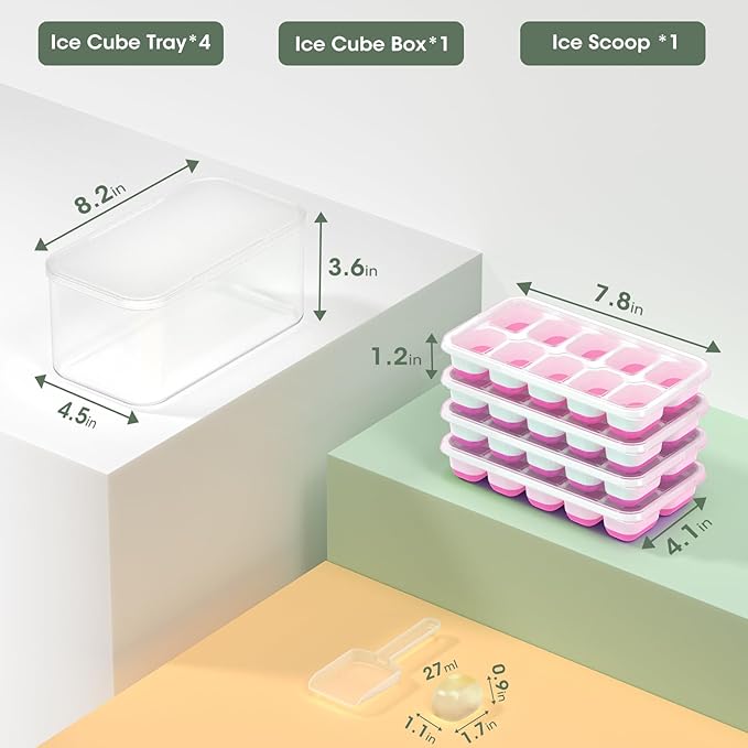 DOQAUS Ice Cube Tray with Lid and Bin,4 Pack Ice Cube Trays for Freezer | Silicone,Stackable.Easy Release Trays with Storage Bin & Scoop. Ideal for Freezer, Kitchen, RV, Cocktail, Coffee.