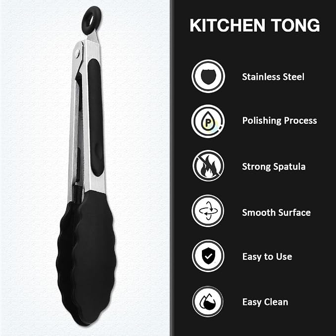7 inch Mini Silicone Serving Tongs with Silicone Tips Set of 3 | Stainless Steel Handle, Non-Scratch, Heat Resistant, for Salads, Pasta, Steaks, Vegetables