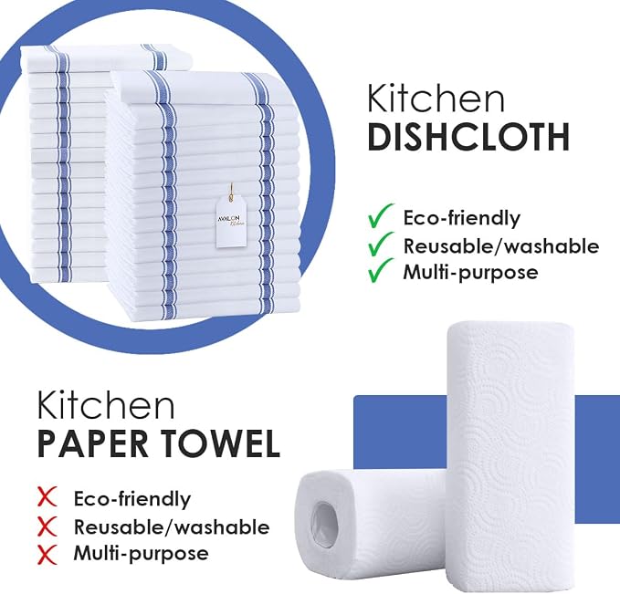 Dish Towels 30 Pack Blue Stripe 100% Cotton Kitchen Towel 15x25 Inch Tea Towels, Dish Cloths for Washing Dishes, Kitchen Rags for Drying Dishes