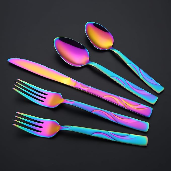 30-Piece Rainbow Silverware Set for 6 | Grade 430 Stainless Steel Colorful Flatware Set, Cutlery Set Service for 6, including Fork Spoon and Knife, Dishwasher Safe
