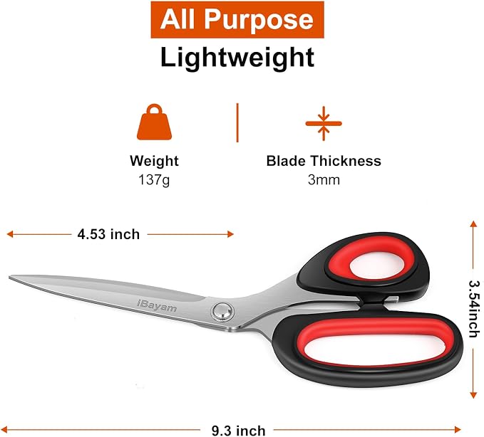 iBayam Scissors All Purpose, 9.3 Inch Heavy Duty Stainless Steel Shears | Home Household Cutting Fabric Leather, Sewing Shears, Paper Box Cutter, Package Opener, Hand Cutting Tools