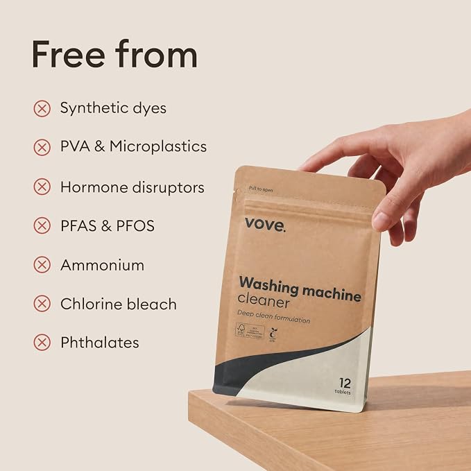 Vove Washing Machine Cleaner Tablets, 12 Count - Deep Clean Descaler for Odor, Residue and Hard Water - Enzyme and Oxygen-Powered Formula, Front Load and Top Load, FSC-Certified Kraft Packaging