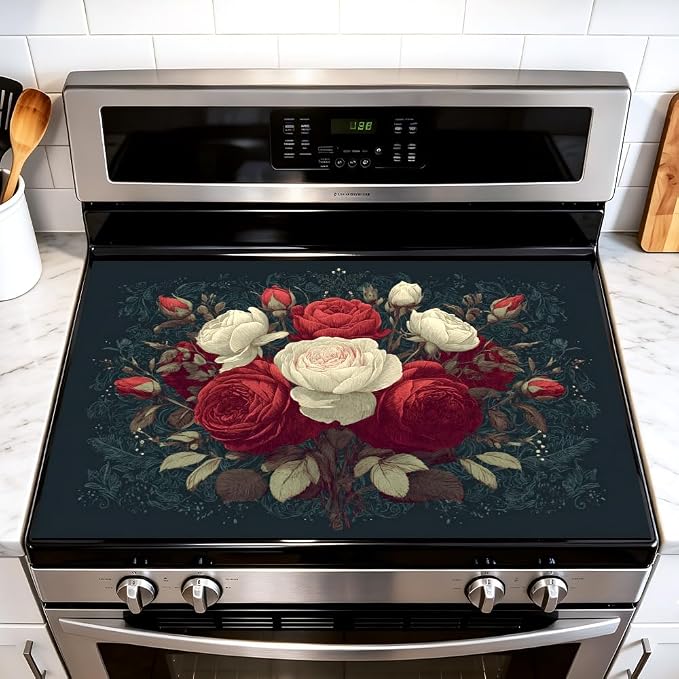 Stove Mat 20.47 x 28.35 Inch Red and Cream Roses Bouquet Vintage Floral Design Cover for Romantic Farmhouse Kitchen Decor and Stove Top Accent