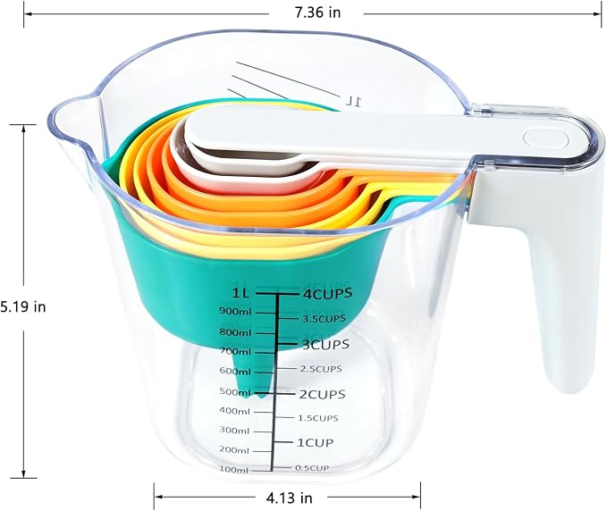 Stackable 10-Piece Measuring Cups and Spoons Set with White Lids | Kitchen gadgets for cooking & baking. Includes 10 stackable cups & spoons. Dishwasher-safe. For liquid & dry, multicolor