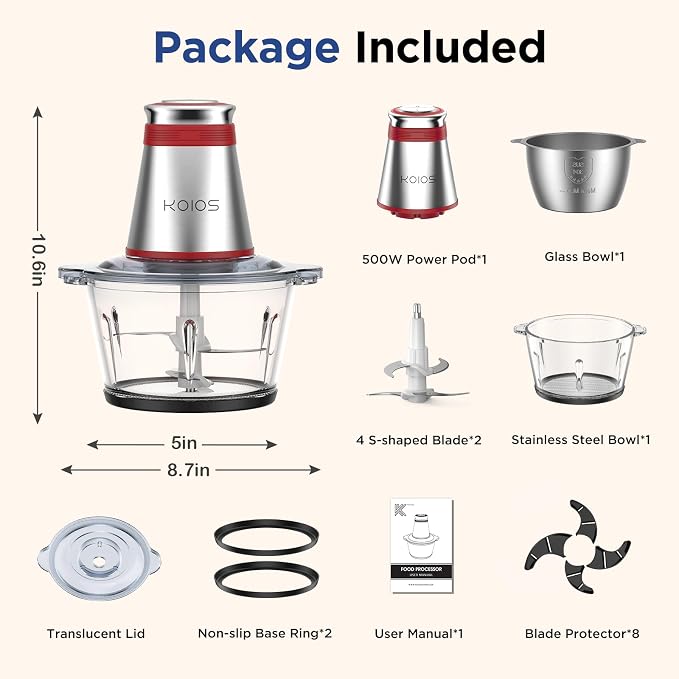 KOIOS Food Processor, 500W Electric Food Chopper with 2 Bowls, Small Electric Grinder, Red