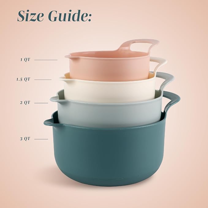 COOK WITH COLOR Nesting Plastic Mixing Bowl Set with Pour Spouts and Handles, Teal and Pink, 4 Piece Non-Slip