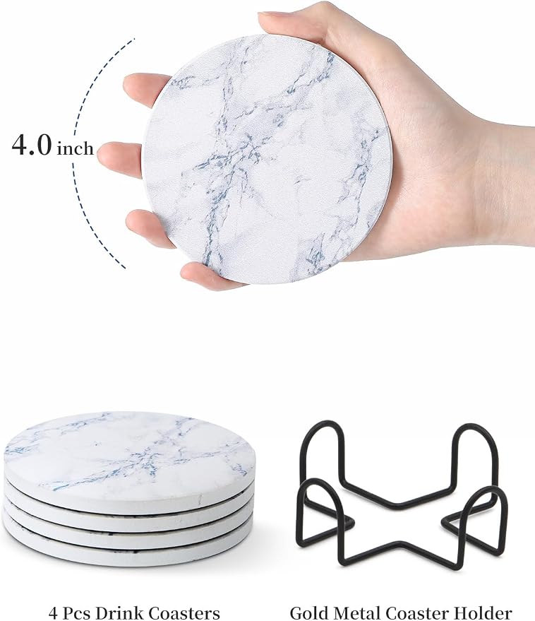 LIFVER Absorbent Coaster Sets of 4, Drink Coasters with Holder, White Marble Style Ceramic Drink Coaster for Tabletop Protection, Suitable for Kinds of Cups and Wooden Table, Cool Home Decor, 4 Inches