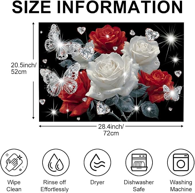 Rose Butterfly Washer Dryer Top Cover Mat 28.35x20.47 in | Heat Resistant Cooktop Protector Mat with Non-Slip Backing, Scratch Protection and Countertop Drying Mat.