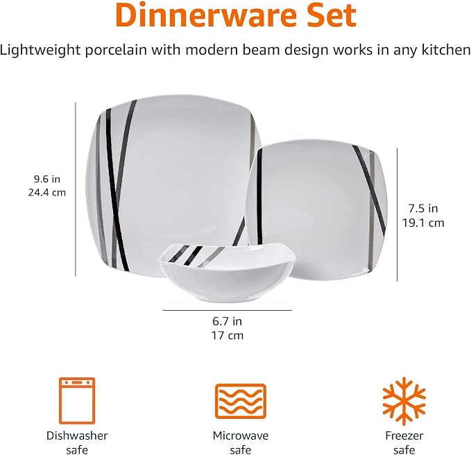 Amazon Basics Square Dinnerware Set for 6, Plates and Bowls for Kitchen, 18-Piece, Dishwasher and Microwave Safe, Modern Beams
