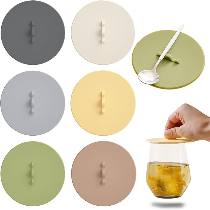 6PCS Silicone Cup Covers, Multicolored Silicone Lids for Mugs, Style 3 | Reusable, Anti-Dust Seal, Universal Fit, Mug Covers with Spoon Holder, Flexible Mug Covers, Hot Cup Lids for Coffee & Tea