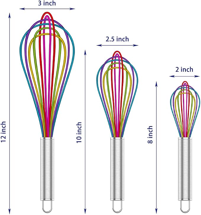 OYV Rainbow Silicone Whisk Set of 3, 8/10/12 Inch, Non-Scratch, Colorful | BPA-Free Silicone, Heat Resistant Up to 480°F, Stainless Steel Core, Dishwasher Safe, Nonstick-Safe