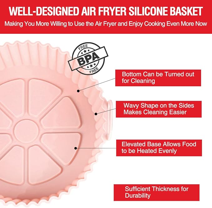 2 Pack Air Fryer Silicone Liners Pot for 3 to 5 QT, Air Fryer Silicone Basket Bowl, Replacement of Flammable Parchment Paper, Reusable Baking Tray Oven Accessories, Pink+Grey, (Top 8in, Bottom 6.75in)