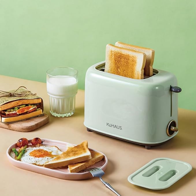 KuHAUS Retro 2 Slice Toaster, 6 Browning Control, Dust Cover, Removable Crumb Tray, Cord Storage, Vintage Design for Bread & Waffles (Mint)