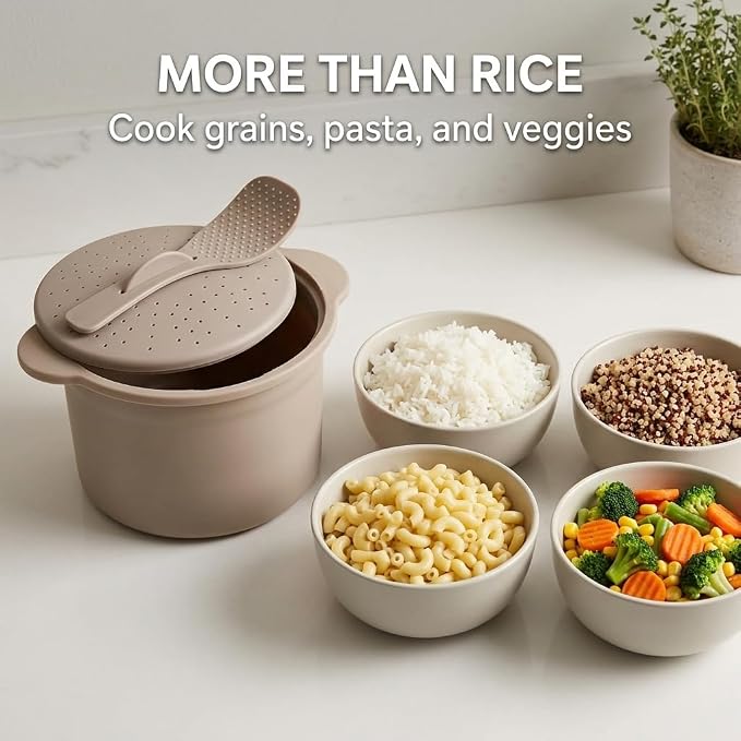 Microwave Rice & Grain Cooker, Locking Lid | Easy Cook Container, Heat-Resistant Handles, Includes Measuring Cup & Mixing Paddle, Cooks Veggies & More