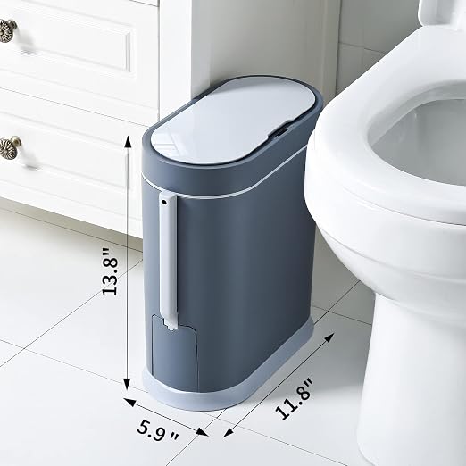 Bathroom Trash Can with Toilet Brush, 2.5 Gallon, Motion Sensor, Grey | Smart Garbage can with lid, Automatic Trash Bin, Waterproof Waste Bin, Bathroom Decor