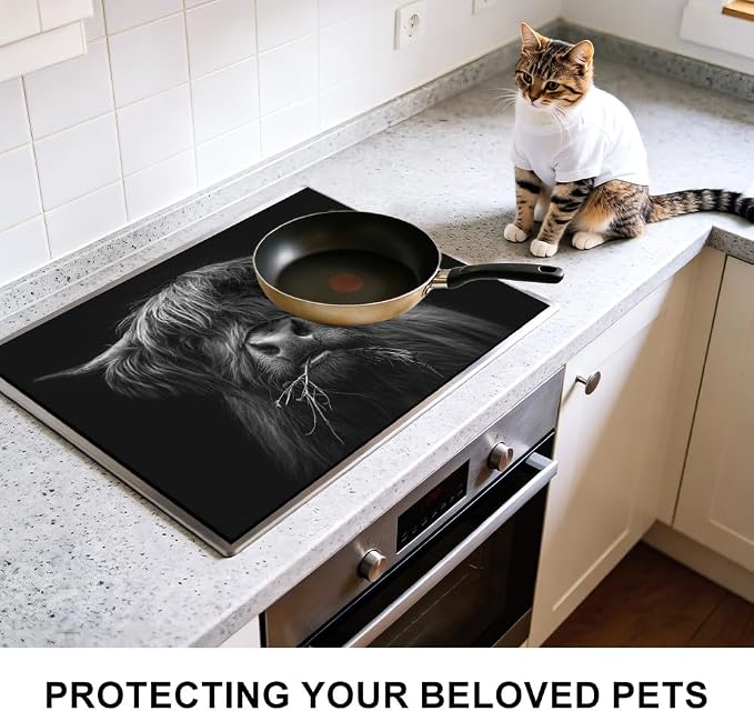 Highland Cow Stove Top Cover, Black and White, 28x20 in | Black and white highland cow close-up on black; non-slip washable mat; protects glass and electric cooktops; 28.4 x 20.5 in