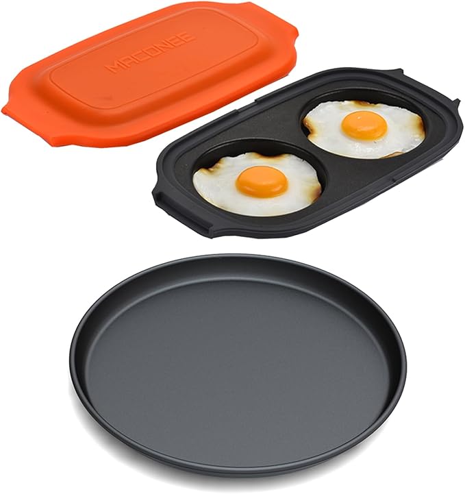 MACONEE Microwave Egg Fryer & Crisper Pan - Egg Cooker/Poacher for Sandwiches, Maker for 2 Eggs. 10inch Universal Crisper Pan/Cookware for Crispy Reheat of Pizza, Nuggets. Dishwasher-Safe & BPA-free.