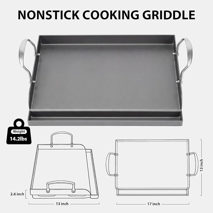 Utheer 17 x 13 Nonstick Cast Iron Griddle for Gas Grill, Flat Top Plate | Fits Weber, Nexgrill, Charbroil, Camp Chef and Kenmore grills for outdoor cooking, breakfast, burgers and flat-top meals