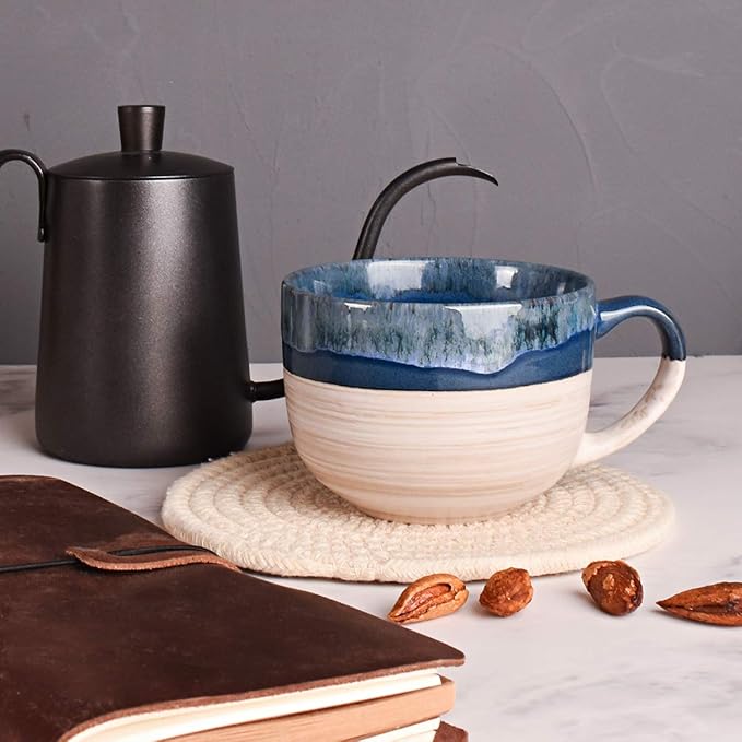 Bosmarlin Large Ceramic Coffee Mug Set of 2, Stoneware Latte Mug for Office and Home, 16 Oz, Dishwasher and Microwave Safe, (Prussian Blue, 2)