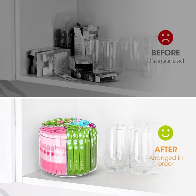 AIEVE Drink Packet Organizer, Lazy Susan 360° Turntable Organizer for Drink Mix Hydration Packets, Water Flavor Acrylic Container Tea Bag Holder for Kitchen Storage Organization