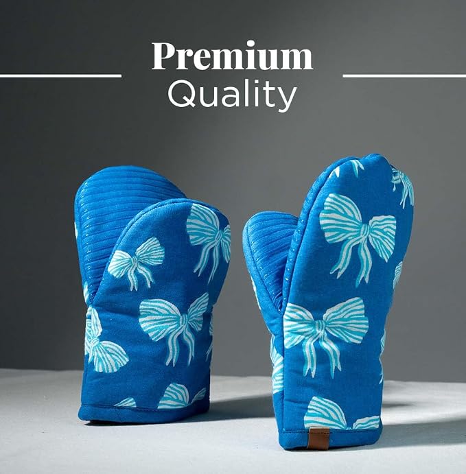 Folkulture Oven Mitts, Blue, Set of 2, Heat Resistant - (5.75"x9") | 100% Cotton, Non Slip, Heat Resistant, Silicone, Cute Mini Mits with Hanging Loop, Kitchen Décor, Cooking Gifts, Baking