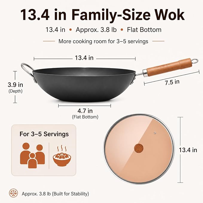 WANGYUANJI Carbon Steel Wok Pan, 13.4" Woks & Stir-Fry Pans with Glass Lid No Chemical Coated Flat Bottom Iron Wok for Induction, Electric, Gas, Halogen All Stoves | Uncoated Stir Fry Pan with Wooden Handle for Gas, Electric, Induction, Ceramic & Halog...
