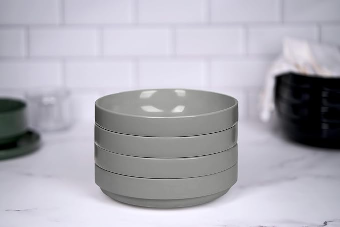KooK Ceramic Large Pasta Bowls, Microwave and Dishwasher Safe, Great for Soups and Salads, Shallow Serving Bowls, Glossy Porcelain, 47 oz, Set of 4, Powder Grey