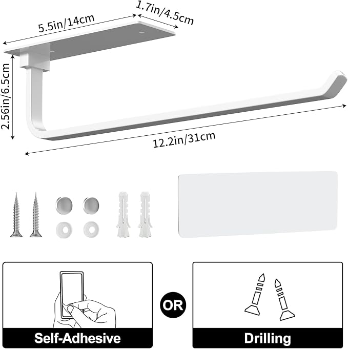 Paper Towel Holder Under Cabinet, Self-Adhesive or Drilling, White | Kitchen Roll Dispenser | Under-Cabinet or Wall-Mounted | Upgraded Aluminum | Lighter Yet Stronger Than Stainless Steel