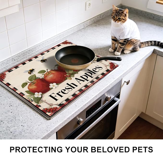 Fresh Apples Stove Top Cover, Buffalo Plaid Farmhouse, 28x20 in | Vintage Fresh Apples sign with bees on buffalo plaid border; non-slip mat; protects glass and electric cooktops; 28x20 in