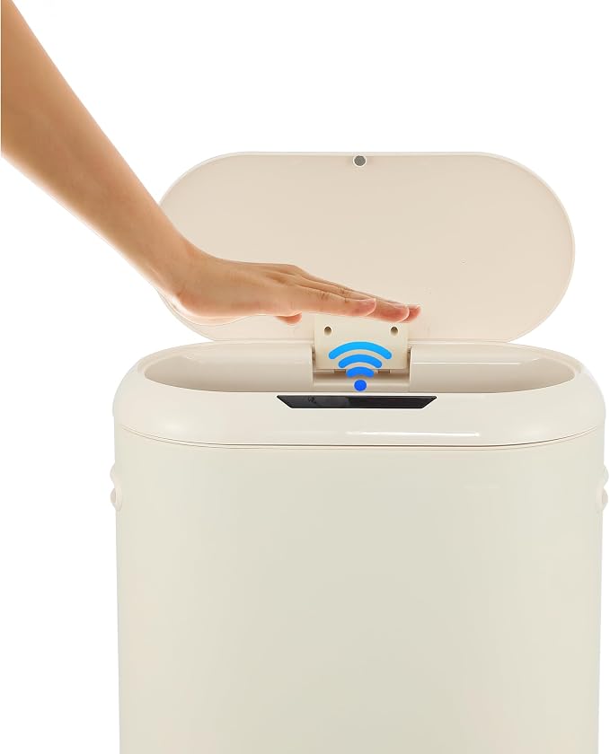 happimess 13.2 Gal Oval Motion Sensor Trash Can, Limestone Beige | Oval, Motion Sensor, Touch Mode, Soft Close Lid, Powder Coated Iron, 17.7" W x 9.84" D x 24.2" H