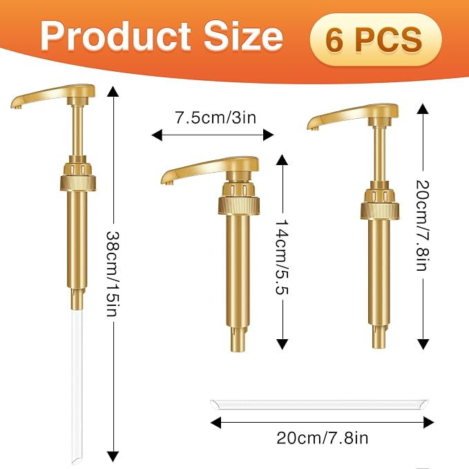 Coffee Syrup Pumps, 6 Pack Gold Syrup Pump | Skinny Syrup Pump for 750ml 25.4oz Syrup Bottle, Syrup Pump Dispenser for Coffee Bar Drinking Mixes,Davinci,Jordans