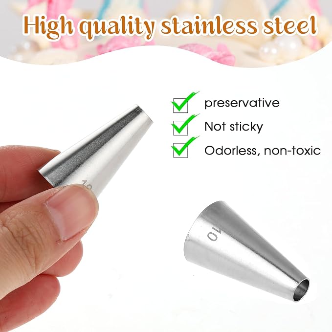 Dimeho 7 Pcs Round Hole Piping Tips Set Stainless Steel Cupcake Frosting Nozzles Cake Decorating Tool Russian Pastry Icing Dispensers Supplies for Baking Cookies Puff Doughnut Cream Bag Filler