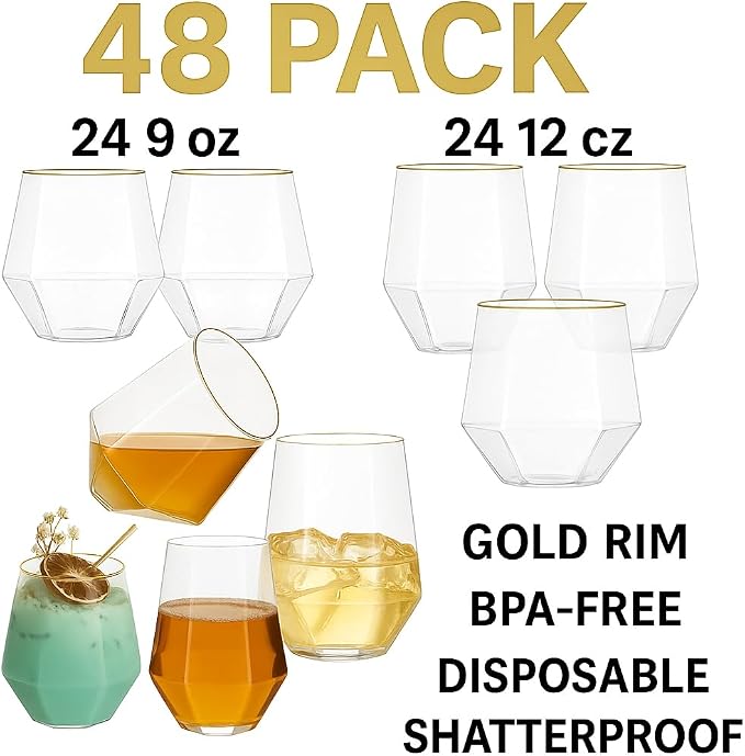 Oojami 48 Pack Plastic Champagne Flutes and Wine Glasses, Diamond Gold Rim | Stemless 9oz Flutes, 12oz Cocktail Cups, Mimosa Glasses, BPA-Free Shatterproof Reusable Recyclable for Wedding Birthday Party