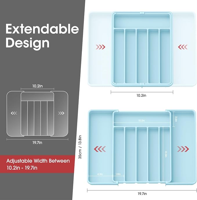 Aujen Silverware Drawer Organizer, Adjustable Utensil Cutlery Tray | Expandable Kitchen Organizer for Forks Knives, Multipurpose Kitchen Storage, Apartment Essentials, Blue, Large