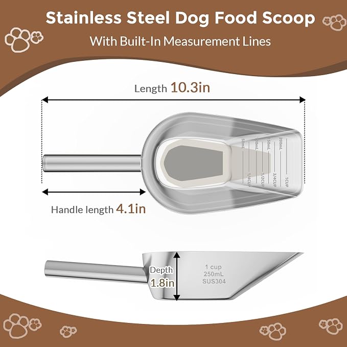 Pet cat-dog food-scoop measuring 1-cup - Food-grade 304 stainless steel material | 1-Cup capacity | Precision scale measurements