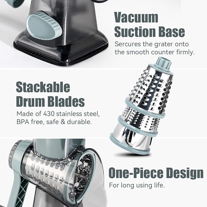 KEOUKE Rotary Cheese Grater Hand Crank Transparent - Shredder Slicer Grinder 3 Stainless Steel Blades, Stable Suction, Labor-Saving Handle, Safe Kitchen Tool for Cheese, Vegetable, Nuts, Chocolate