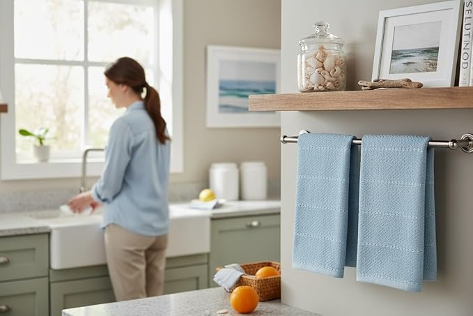 Light Baby Blue Kitchen Hand Dish Towels, Set of 3, 100% Cotton, 18" x 28" | Terry Loop Ribbed Textured, Soft & Absorbent Cleaning Cloth, Quick Dry, Multipurpose for Everyday Use