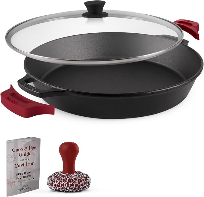 Cuisinel Cast Iron Skillet + Glass Lid + Red Chainmail Scrubber - 15"-Inch Dual Handle Braiser Frying Pan + Silicone Handle Covers - Pre-Seasoned Oven Cookware - Indoor/Outdoor. PFAS and PFOA-free