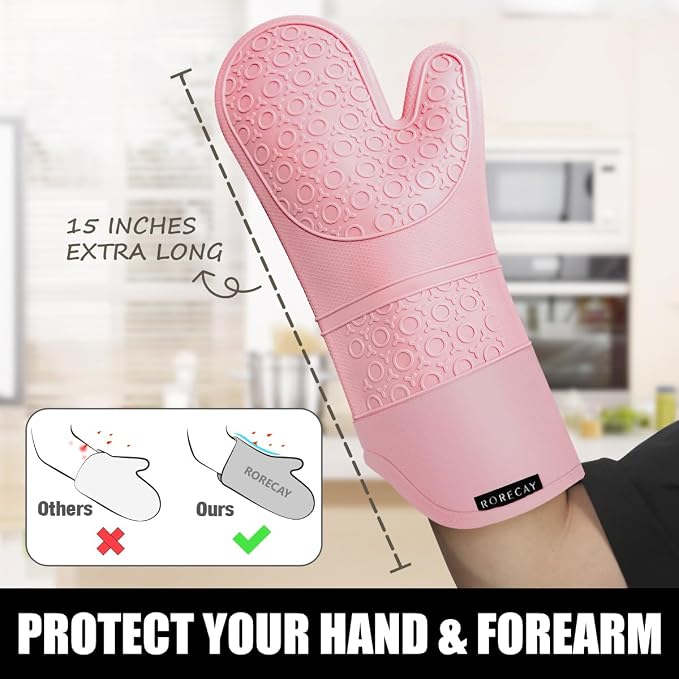 RORECAY Silicone Oven Mitts and Pot Holders Sets, Gloves for Kitchen, Pink | Set of 6 Kitchen Mitts for Baking & Cooking, Heat Resistant 500 ℉, 15" Extra Long, Non-Slip & Waterproof, Quilted Cotton
