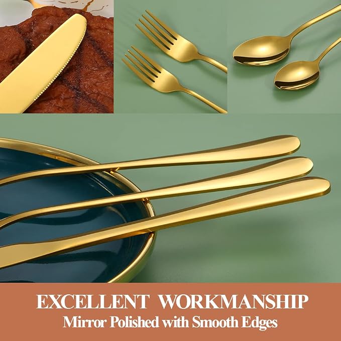 30 Pcs Gold Silverware Set for 6, Food Grade Stainless Steel Flatware Set, Eating Utensils Sets Include Fork/Knife/Spoon, Reusable Cutlery Set for Home Kitchen, Dishwasher Safe, Round Edge
