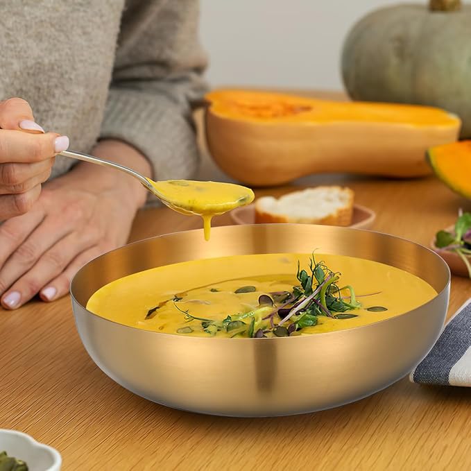 CALLARON 9.4" Stainless Steel Mixing Bowls - 75oz Gold Serving Bowl, Large Metal Decorative Bowl for Salad, Soup, Pasta, Snack, Cooking, Baking, Dishwasher Safe