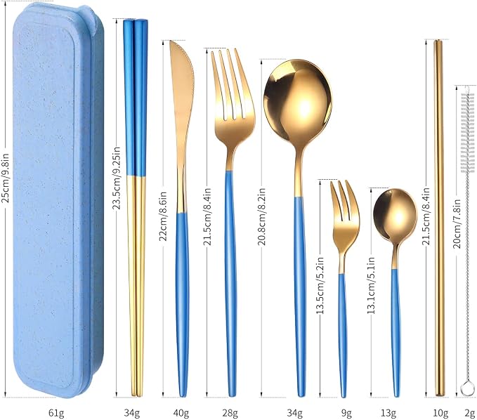 AARAINBOW 8 Pieces Stainless Steel Flatware Set Portable Reusable Cutlery Set Travel Utensils Set Including Chopsticks Knife Fork Spoon Straws Cleaning Brush Dishwasher Safe (Blue Golden)