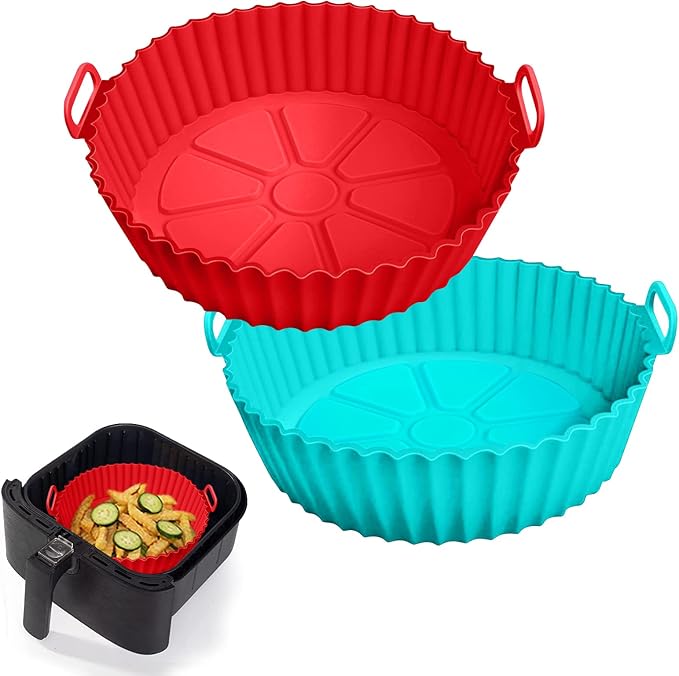 2 Pack Air Fryer Silicone Liners for 5 QT or Bigger,Silicone Air Fryer Liners Inserts,Replacement of Flammable Parchment Paper,Reusable Baking Tray Oven Accessories,Red+Blue(Top8.66in, Bottom7.48in)