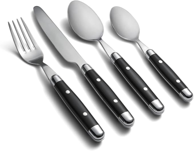 Cambridge Jubilee Black 16-Piece 18/0 Silverware Set for 4, Flatware | mirror finish, dishwasher safe | includes knives, forks, and spoons | heavy duty, cutlery set for kitchen and dining