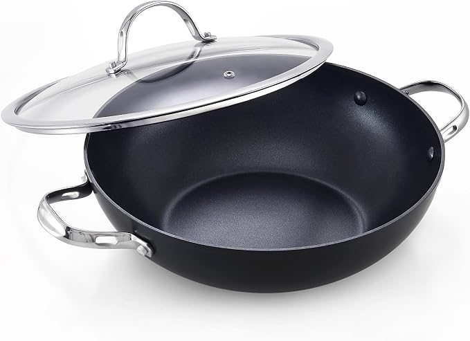 Cooks Standard 12-inch Hard Anodized Nonstick Wok Chef’s Pan 5-Qt | Deep Stir Fry Pan with Vented Glass Lid, Dual Side Handles, Flat Bottom Wok, Works on All Stovetops, Induction Ready
