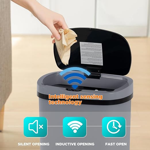 BestOffice | 13 Gallon Plastic Trash Can with Lid | Gray | Automatic Touchless Garbage Can | Odor Control | Modern Oval Design | Easy to Clean | For Kitchen, Bathroom, Office or Home