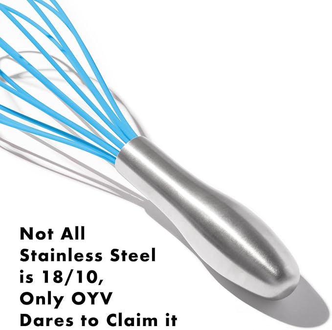 OYV 10-Inch Blue Silicone Whisk, Non-Scratch, 18/10 Stainless Steel Handle | 480°F Heat Resistant, BPA-Free Silicone, Sealed Waterproof Handle, Nonstick-Safe, Dishwasher Safe