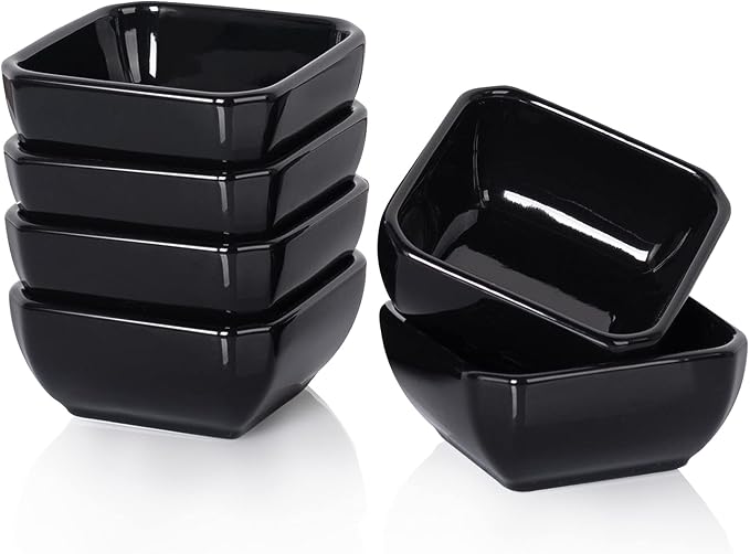 DELLING 3 Oz Porcelain Dip Bowls Set of 6, Black Ceramic Dipping Sauce Bowls - Small Bowls for Charcuterie Board Accessories, Soy Sauce Dish, Condiment Cups for BBQ Party, Dishwasher Safe