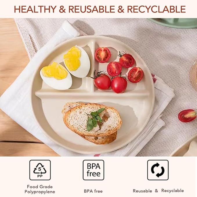PUPOPIK 9" Unbreakable Divided Plates Set of 5, Wheat Straw Plate Reusable Dinnerware Portion Control Plates, Round Bariatric Plastic Plate for Kids Adults, BPA-free, Dishwasher Safe