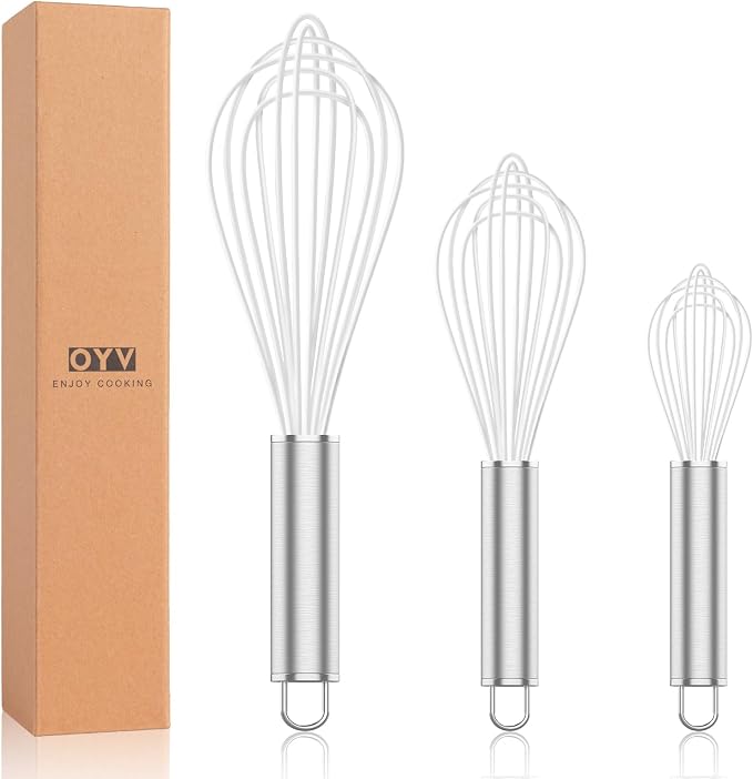 OYV White Silicone Whisk Set of 3, 8/10/12 Inch, Non-Scratch | BPA-Free Silicone, Heat Resistant Up to 480°F, Stainless Steel Core, Dishwasher Safe, Nonstick-Safe